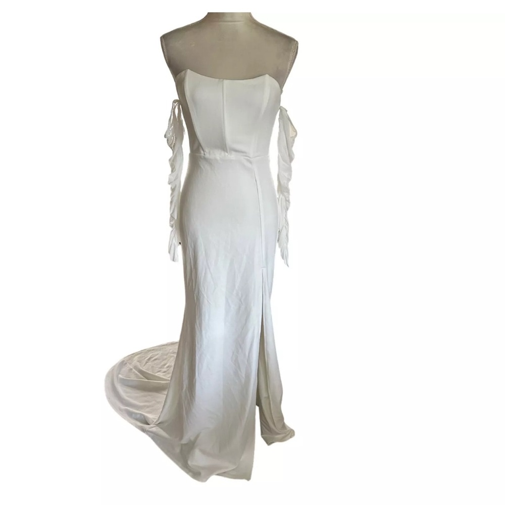 Lulus Elegant Strapless White Wedding Gown With Ruffled Sleeves & Train Romantic